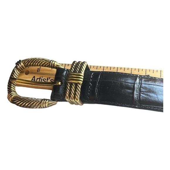 Vintage Brighton Black Crocodile Grain Leather Belt Gold Tone Buckle Sz 34 - Picture 6 of 7